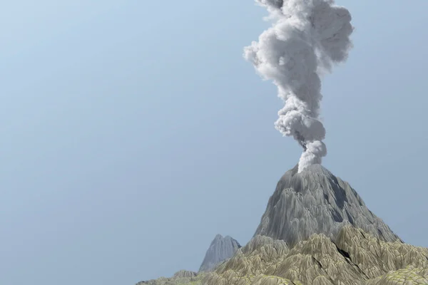 大火山喷发 有巨大的烟柱和蓝色背景的火隔离 遭受自然灾害和火山灰的概念 自然的三维图解 — 图库照片
