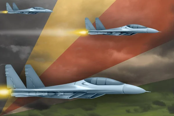塞舌尔空袭概念 现代战斗机攻击塞舌尔国旗背景 3D说明 — 图库照片