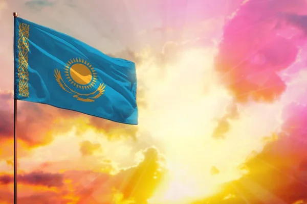 Flambant Drapeau Kazakhstan Dans Coin Supérieur Gauche Maquette Avec Endroit — Photo