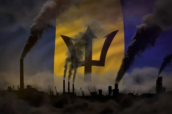 Dark pollution, fight against climate change concept - industrial 3D illustration of plant pipes heavy smoke on Barbados flag background