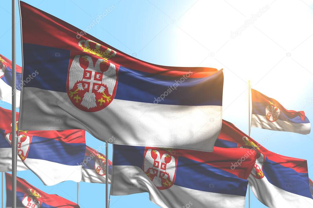 cute many Serbia flags are wave on blue sky background - any feast flag 3d illustration