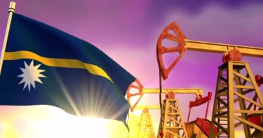 Gün batımında petrol pompalayan petrol kuyularının arka planında Nauru bayrağı sallanıyor. Petrol endüstrisi konsepti, 4K 3D animasyon