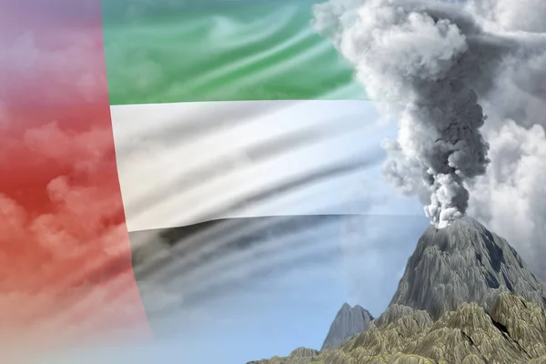 白烟笼罩在阿拉伯联合酋长国国旗背景下的火山喷发 火山喷发和火山灰概念带来的麻烦 自然的三维图解 — 图库照片