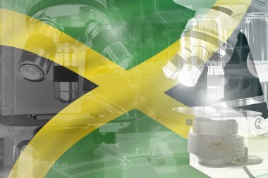 Jamaika bilim gelişimi kavramsal geçmiş - bayraktaki mikroskop. Biyokimya veya klinik tıp araştırması, nesnenin 3 boyutlu illüstrasyonu