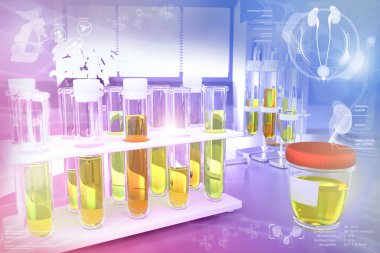 Modern kirlilik üniversitesi ofisinde test tüpleri - ph için idrar kalitesi testi veya idrar hematürisi için kan testi, tıbbi 3D illüstrasyon