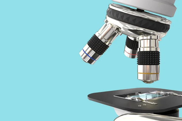 96 MPx high resolution renders of laboratory microscope with fictional design isolated on blue - realistic 3d illustration of object