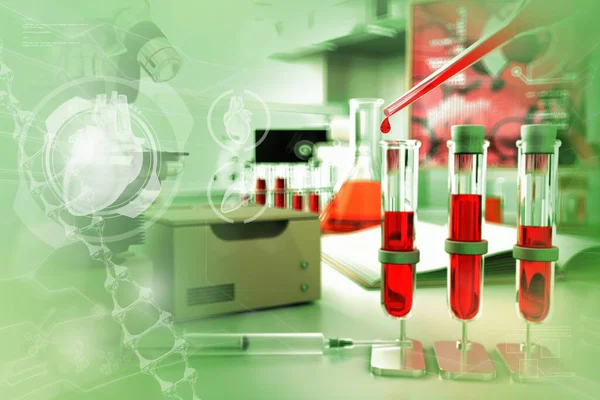 医療用3Dイラスト 大学施設での試験管バイアル 創造的なグラデーションオーバーレイを持つタンパク質やエイズの血液分析 — ストック写真