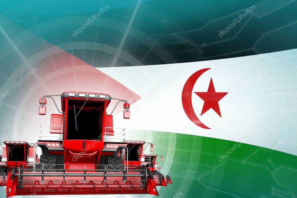 Digital industrial 3D illustration of 3 red modern farm combine harvesters on Western Sahara flag, farming equipment modernisation concept