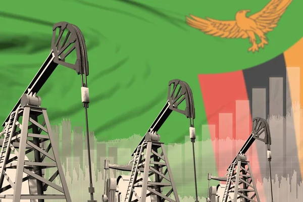 Zambia oil and petrol industry concept, industrial illustration on Zambia flag background. 3D Illustration