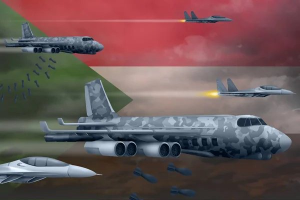 Soedan Bom Luchtaanval Concept Moderne Soedan Oorlogsvliegtuigen Bombarderen Vlag Achtergrond — Stockfoto