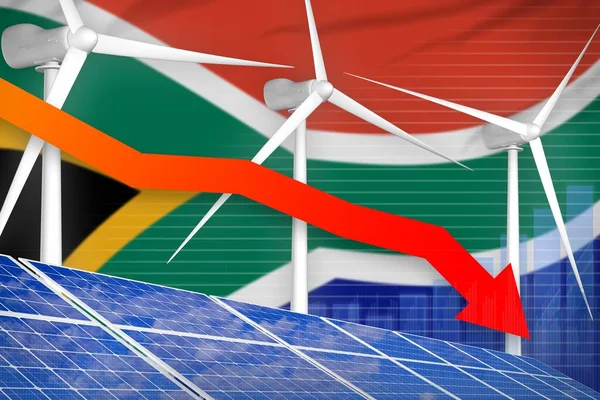 South Africa solar and wind energy lowering chart, arrow down  - renewable energy industrial illustration. 3D Illustration