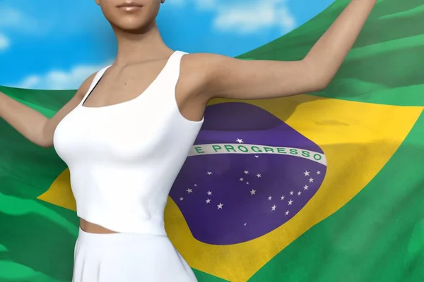 Niedliche Frau Hält Brasilien Fahne Den Händen Hinter Sich Auf — Stockfoto