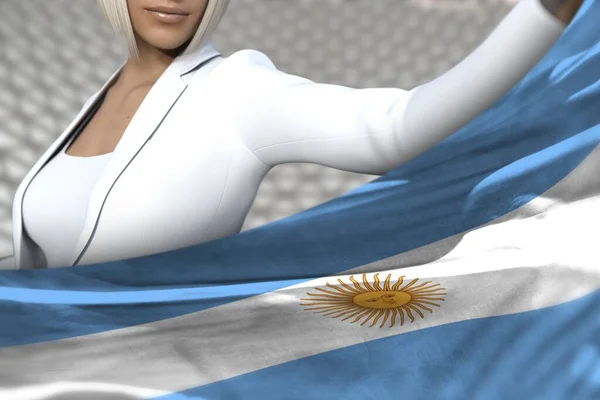 beautiful business woman is holding Argentina flag in front of her on the  modern architecture background - flag concept 3d illustration