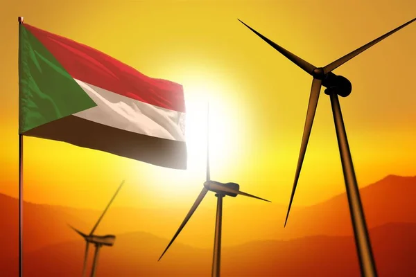 Sudan Wind Energy Alternative Energy Environment Concept Turbines Flag Sunset — Stock Photo, Image