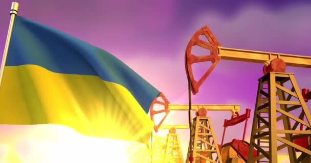 日落时分 乌克兰国旗飘扬在油井抽油的背景上 石油工业概念 3D动画 — 图库视频影像