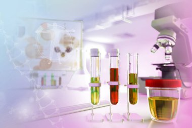 Hemoglobin ve miyoglobin veya kristal ürik asit için idrar örneği testi - modern bilim araştırma tesisinde test tüpleri, tıbbi 3D çizim