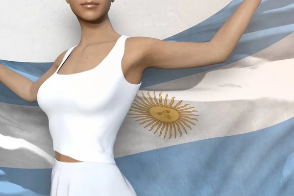 cute woman is holding Argentina flag in her hands behind her on the white background - flag concept 3d illustration