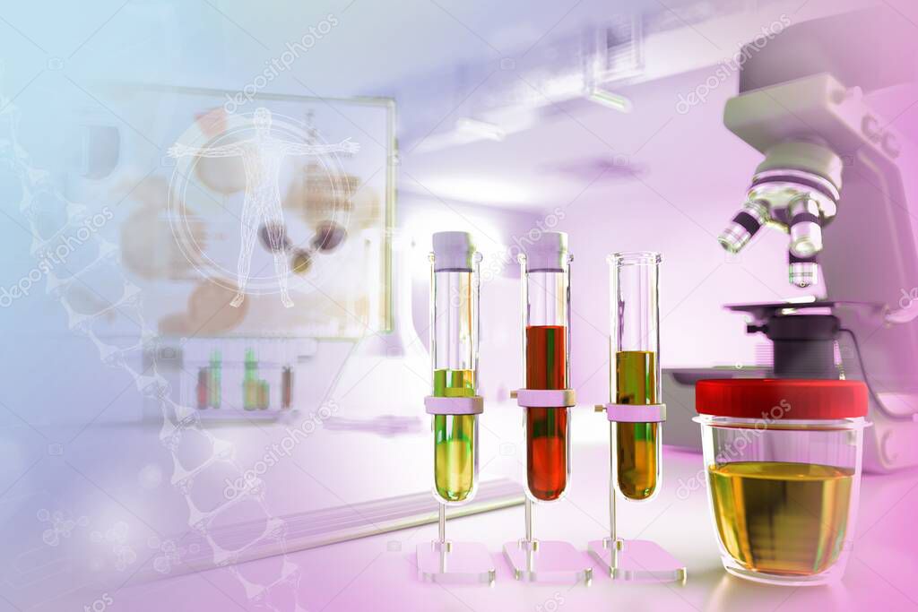 Urine sample test for hemoglobin and myoglobin or crystalline uric acid - test tubes in modern science research facility, medical 3D illustration