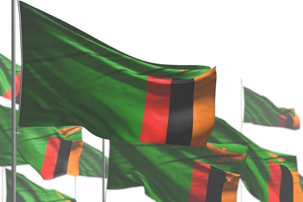 Beautiful Many Zambia Flags Wave Isolated White Photo Selective Focus — Stock Photo, Image