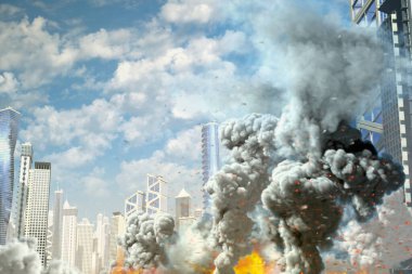 Soyut şehirde büyük duman sütunu ve yangın endüstriyel felaket kavramı ya da mavi gökyüzü arka planında terörist eylem kavramı endüstriyel 3D illüstrasyon
