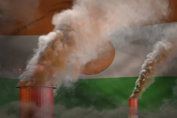 dense smoke of industrial chimneys on Niger flag - global warming concept, background with space for your logo - industrial 3D illustration