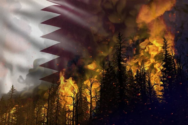 Forest Fire Natural Disaster Concept Burning Fire Woods Qatar Flag — Stock Photo, Image