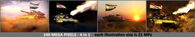 Irak ordusu konsepti - Irak bayrağı ile mevcut olmayan modern tankın 4 yüksek çözünürlüklü resmi, askeri illüstrasyon