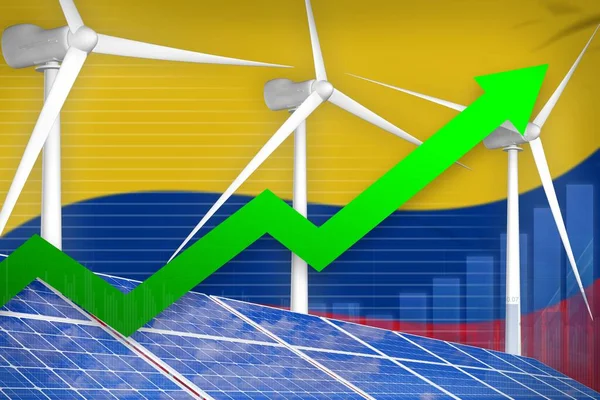 Colombia solar and wind energy rising chart, arrow up  - environmental energy industrial illustration. 3D Illustration