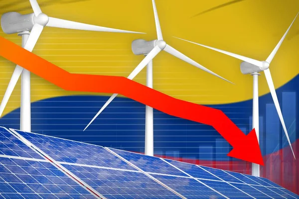 Colombia solar and wind energy lowering chart, arrow down  - alternative energy industrial illustration. 3D Illustration