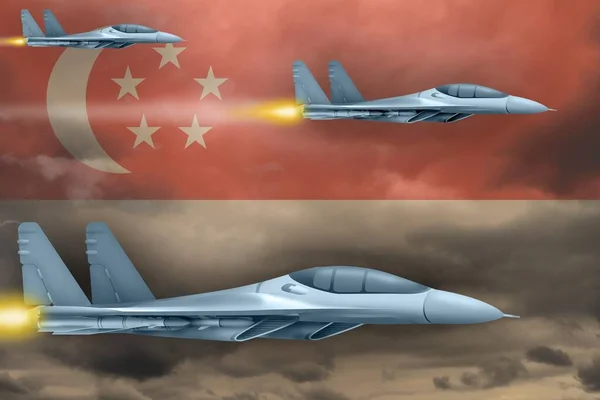 Koncepcja Ataku Singapurze Nowoczesne Samoloty Wojenne Atakują Tle Flagi Singapuru — Zdjęcie stockowe