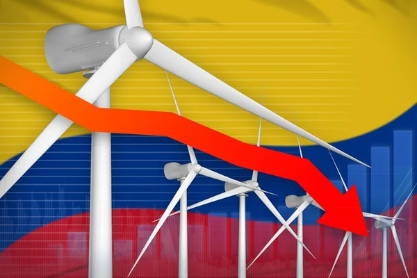 コロンビアの風力発電の低下チャート 矢印ダウン 現代のエネルギー産業のイラスト 3Dイラスト — ストック写真