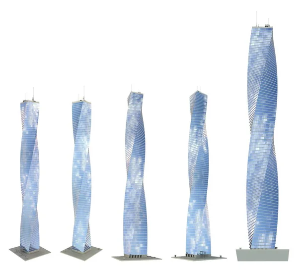 Рендеры Вымышленных Дизайнерских Домов Спиральной Конструкцией Голубым Отражением Неба Изолированный — стоковое фото