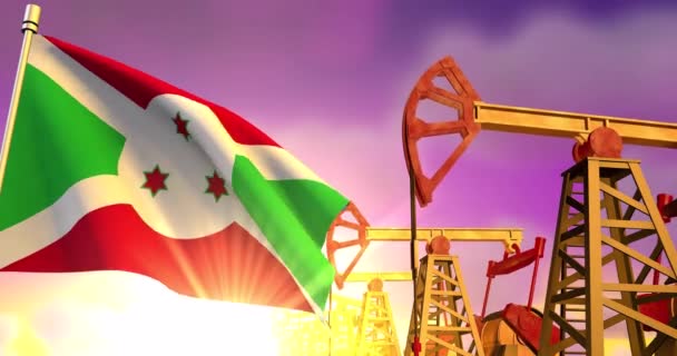 日落时 在油井抽油的背景上飘扬着布隆迪国旗 石油工业概念 3D动画 — 图库视频影像