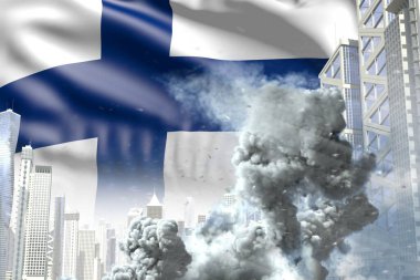 Soyut kentteki büyük duman sütunu - endüstriyel patlama kavramı veya Finlandiya 'daki terör eylemi bayraklı arka plan, endüstriyel 3D illüstrasyon