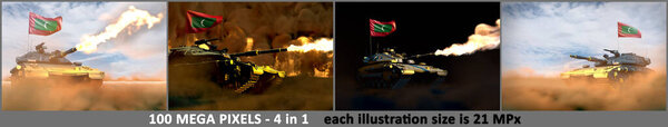 Maldives army concept - 4 high resolution pictures of heavy tank with not real design with Maldives flag, military 3D Illustration