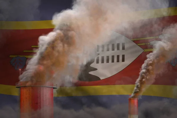 Global warming concept - heavy smoke from industrial pipes on Swaziland flag background with place for your logo - industrial 3D illustration