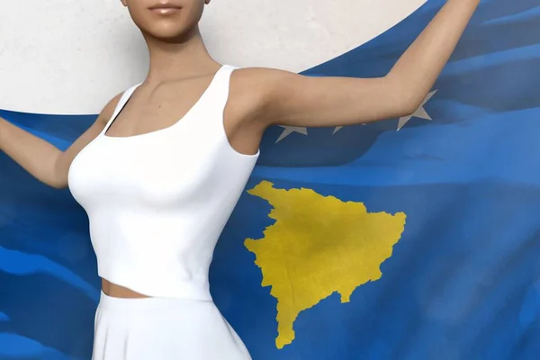Wanita Cantik Memegang Bendera Kosovo Tangannya Belakang Dia Latar Belakang — Stok Foto