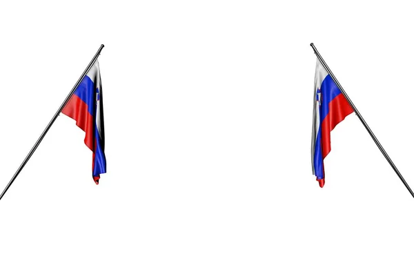 Belas Duas Bandeiras Eslovénia Penduradas Pólos Diagonais Dois Lados Isolados — Fotografia de Stock