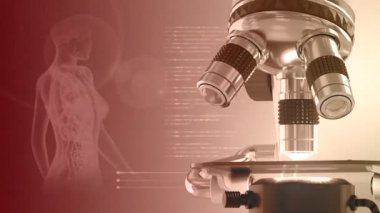 Kırmızı arka planda elektronik mikroskop, X-ray kadın iskeleti ve kemik vücut anatomisi incelemesi, 4K 60fps UHD 3D animasyon