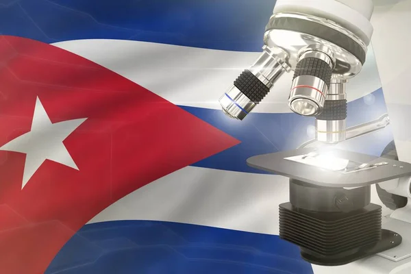 キューバの科学開発概念 フラグの背景に顕微鏡 臨床医学や物理学の研究対象の3Dイラスト — ストック写真