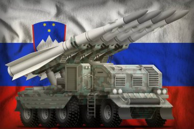 Sloven bayrak arka planında arktik kamuflajlı kısa menzilli balistik füze. 3d Görüntü