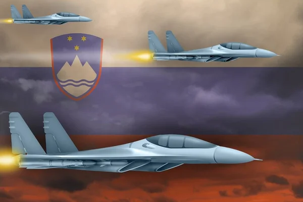 Koncepcja Ataku Lotniczego Słowenii Nowoczesne Samoloty Wojenne Atakują Tle Flagi — Zdjęcie stockowe