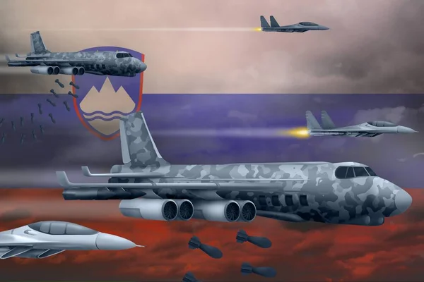 Szlovénia Bombatámadás Koncepció Modern Szlovénia Háborús Repülőgépek Bombázzák Zászló Hátterét — Stock Fotó