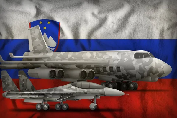 air forces with grey camouflage on the Slovenia flag background. Slovenia air forces concept. 3d Illustration