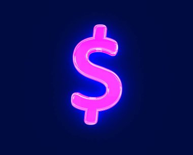 Parlak neon ışıklı cam yazı tipi - dolar - peso işareti koyu arkaplanda izole edilmiş, sembollerin 3 boyutlu çizimi