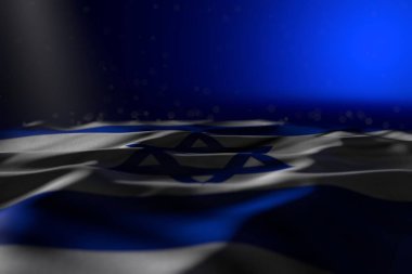 İsrail bayrağının mavi arka planda uzanan harika koyu renkli resmi. Yumuşak odaklı ve metniniz için bedava bir yer. Herhangi bir bayrak 3D illüstrasyonu.