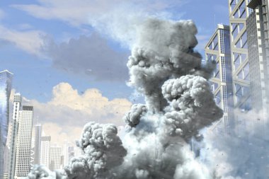 Modern şehirde büyük duman sütunu ve yangın, endüstriyel kaza kavramı veya mavi gökyüzü arka planında terör eylemi - endüstriyel 3D illüstrasyon