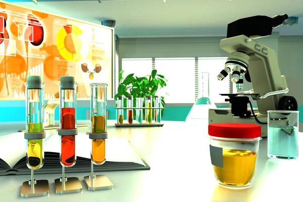 ヘモグロビンやミオグロビン 結晶尿酸の尿サンプル検査 汚染施設の実験室試験管 医療用3Dイラスト — ストック写真