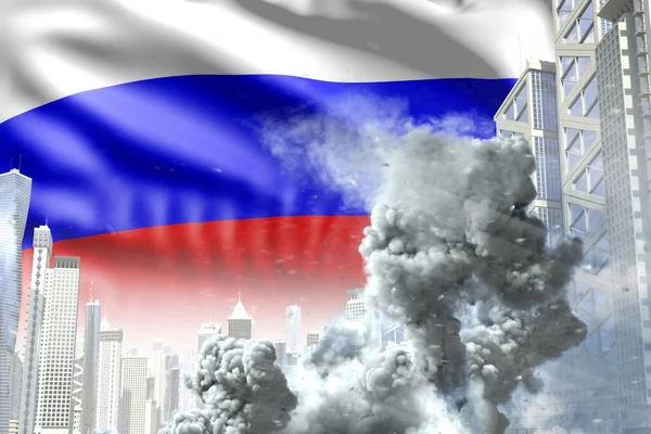 huge smoke column in abstract city - concept of industrial explosion or act of terror on Russia flag background, industrial 3D illustration