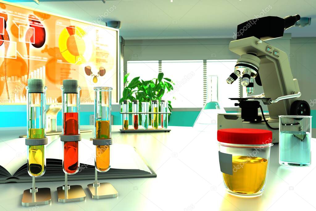 Urine sample test for hemoglobin and myoglobin or crystalline uric acid - laboratory test tubes in pollution facility, medical 3D illustration